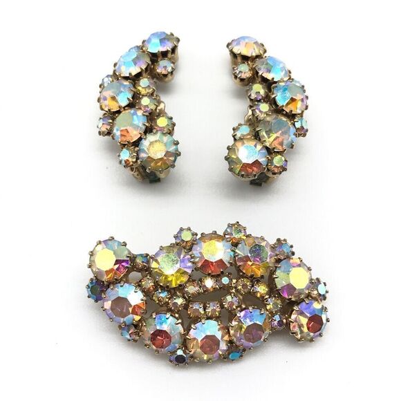 Karu Arke Inc Signed Vintage AB Rhinestone Brooch Pin Clip On Earrings Set - Picture 1 of 7